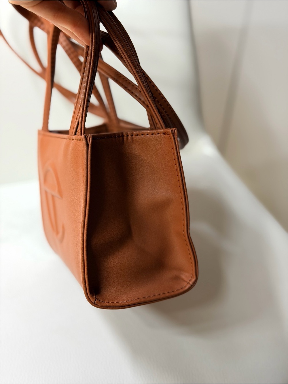 NWOT Telfar Mini Unisex Leather Crossbody Shoulder Handheld Tan Brown Embossed - Picture 5 of 9